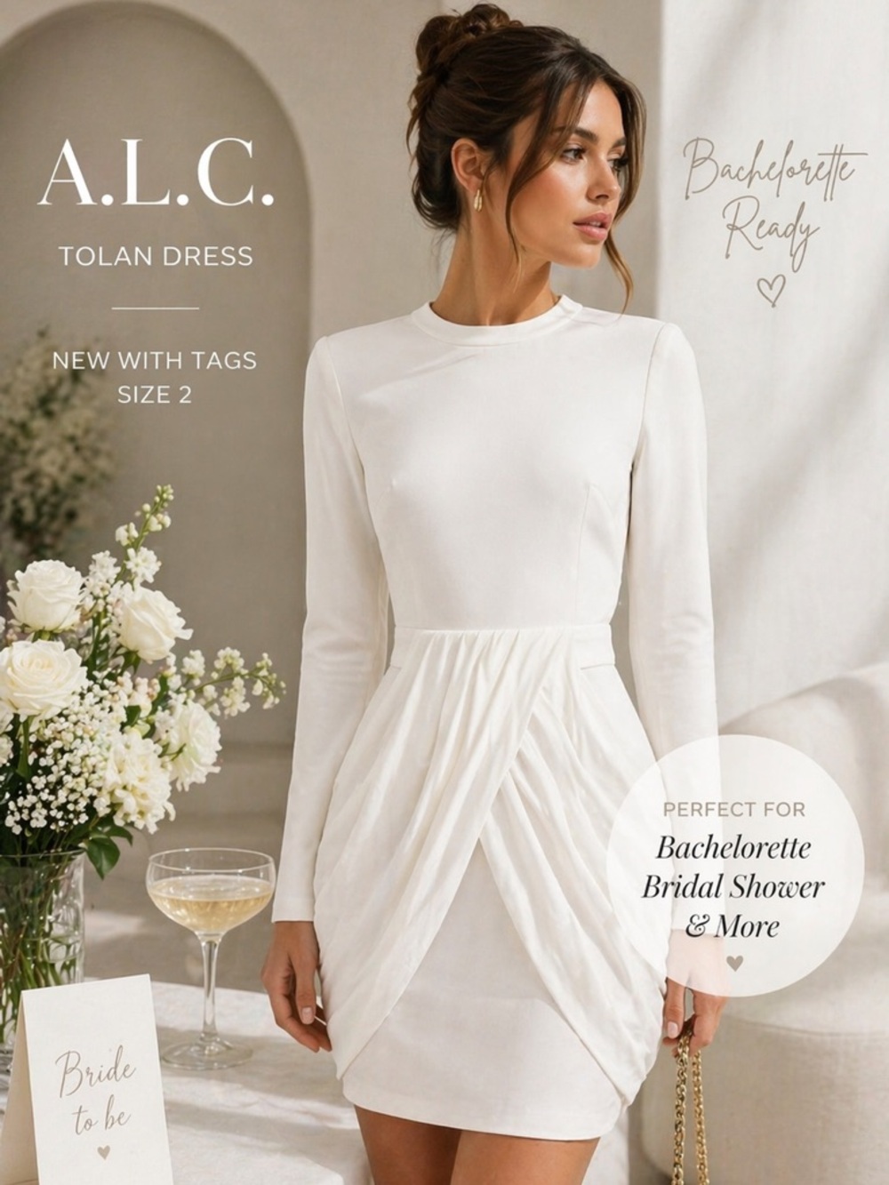 NWT ALC Tolan Dress White Long Sleeve Mini Ruched Designer Size 2